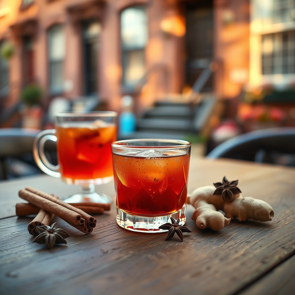 Warm glass of spiced sorrel on a wooden table with spices