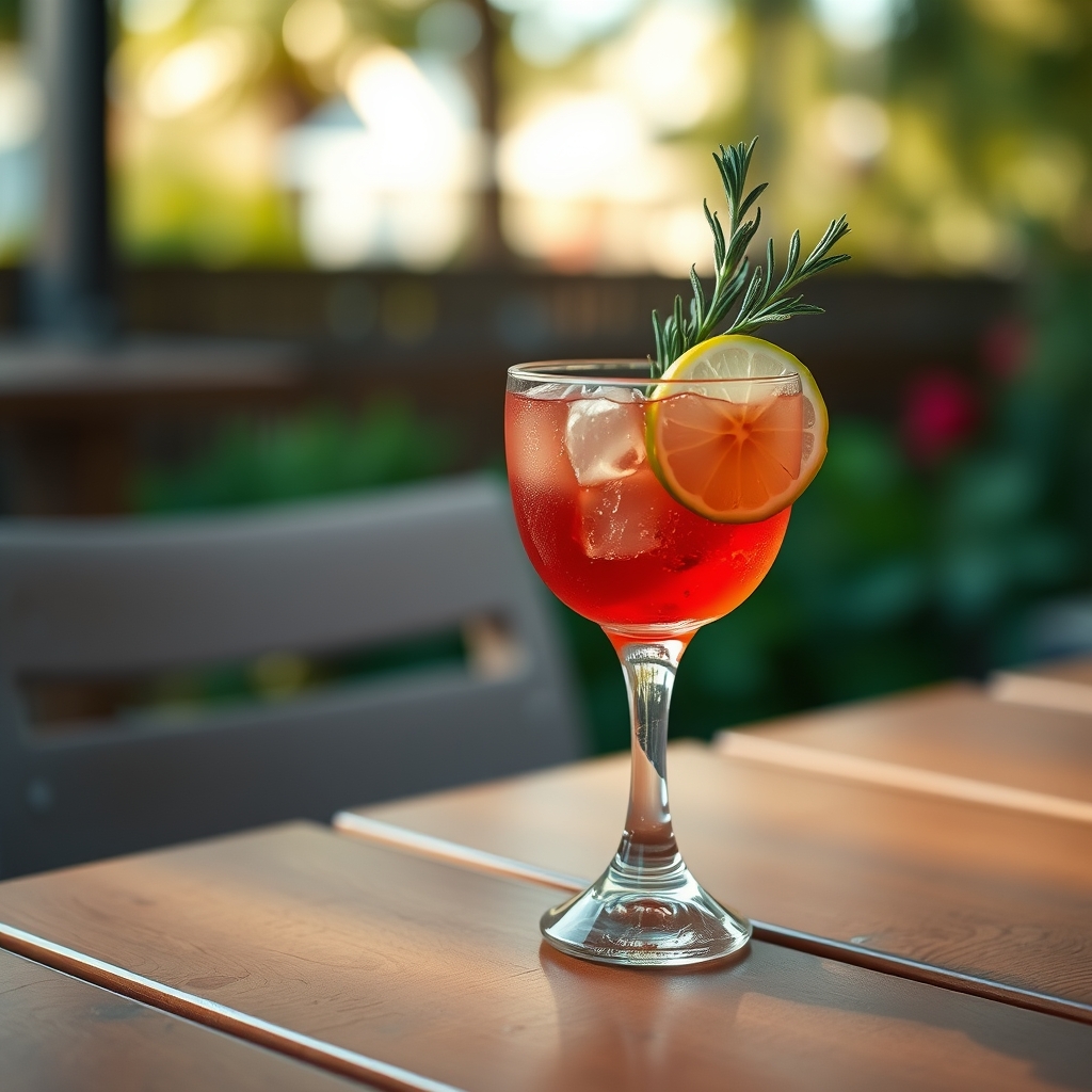 Glass of sorrel-and-rum cocktail on a wooden outdoor table