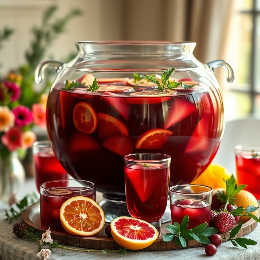 Sorrel punch bowl with fresh fruit and herbs