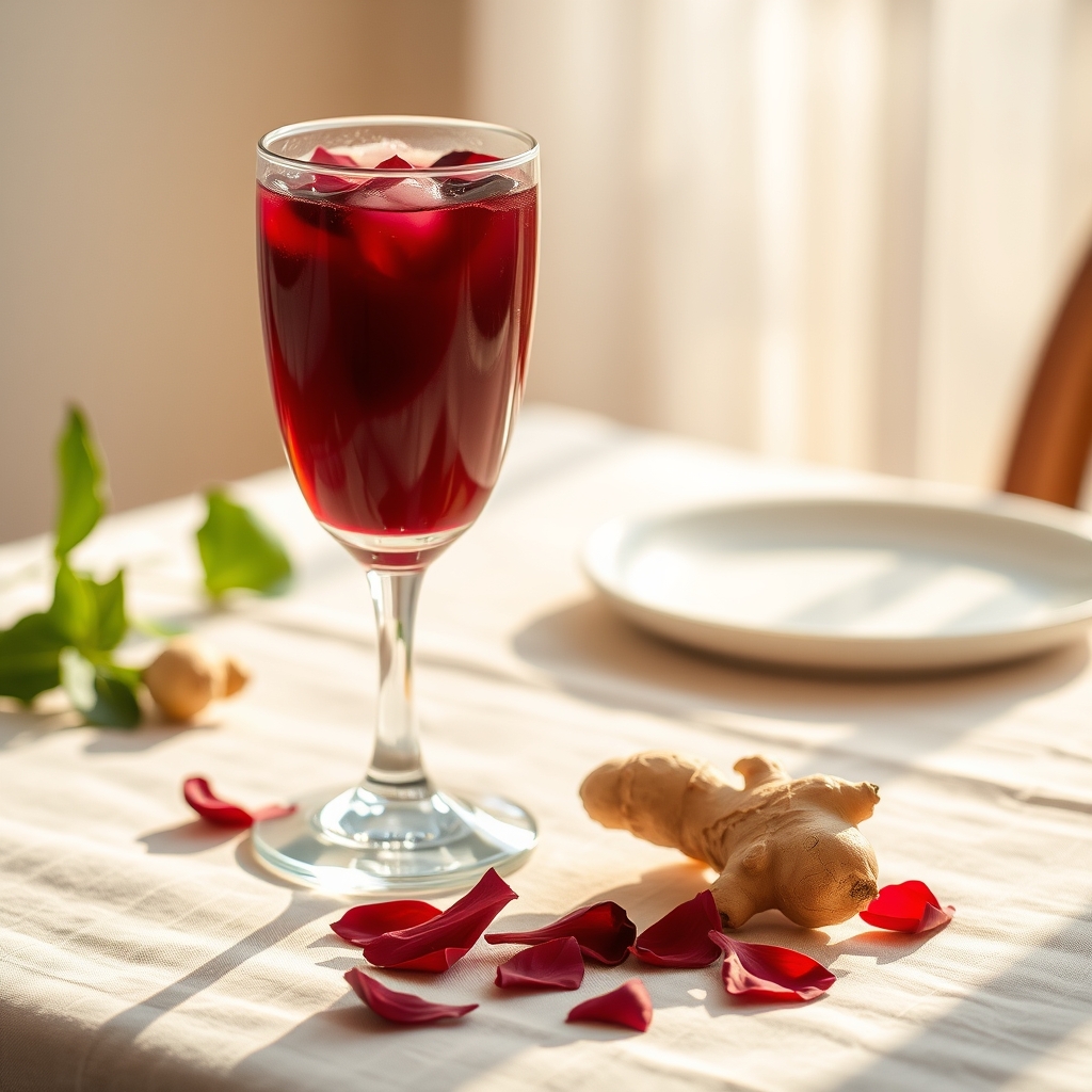 Glass of sorrel drink with hibiscus petals and ginger on a tablecloth