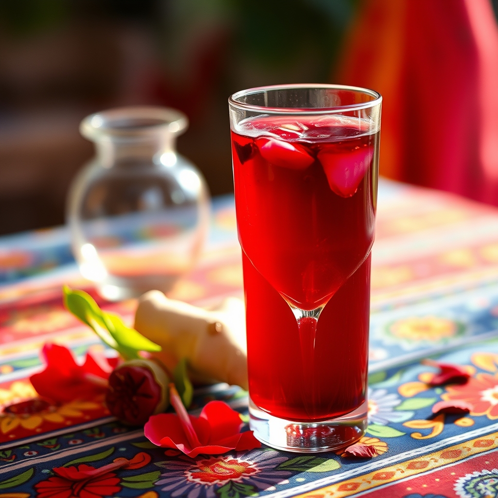 Glass of sorrel drink with hibiscus petals and ginger on a festival tablecloth
