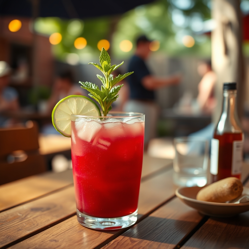 Glass of sorrel rum punch with mint and lime on a wooden table