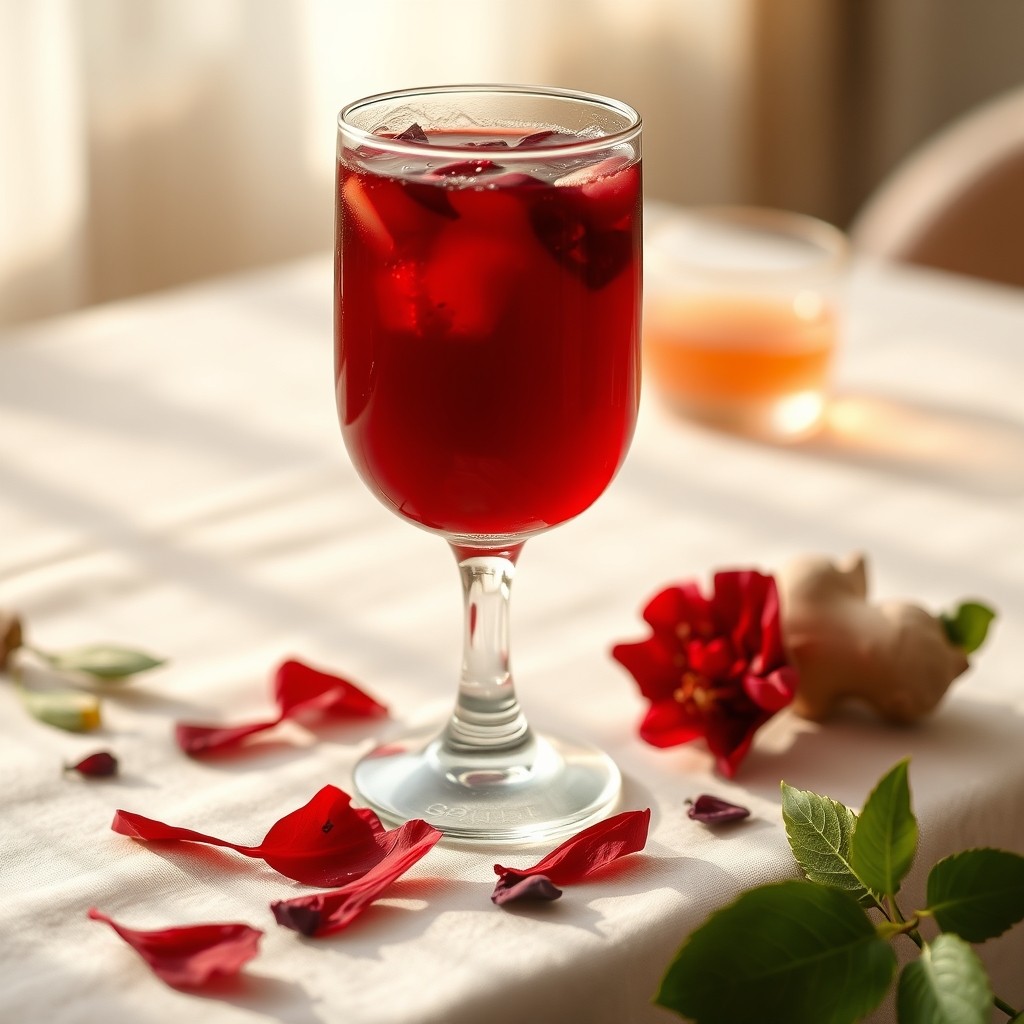 Glass of sorrel drink with hibiscus petals and ginger