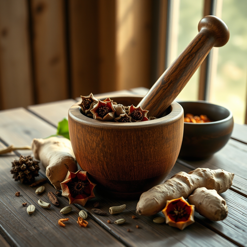 Mortar and pestle filled with hibiscus and ginger on a wooden table