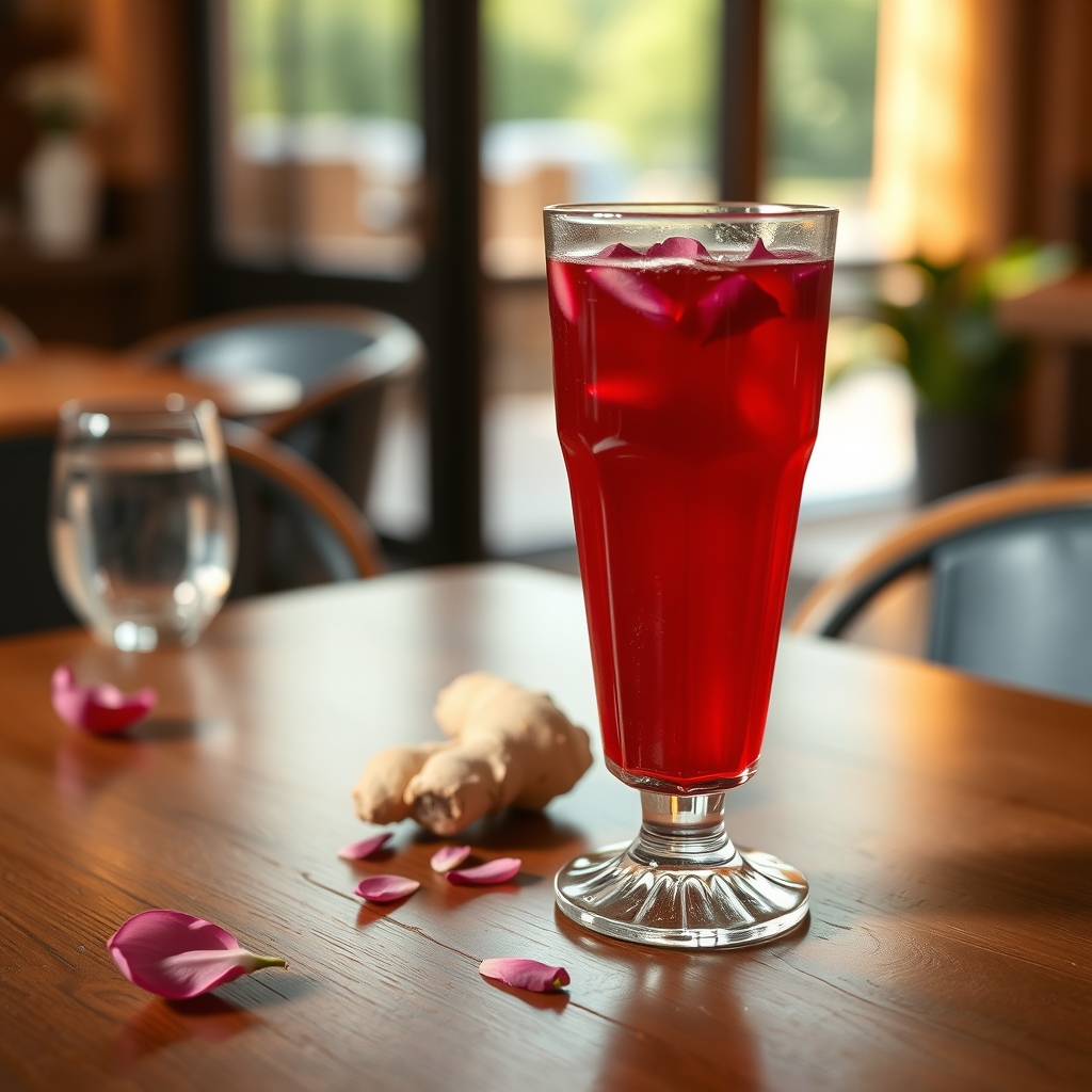 Glass of sorrel drink with hibiscus petals and ginger on a wooden table