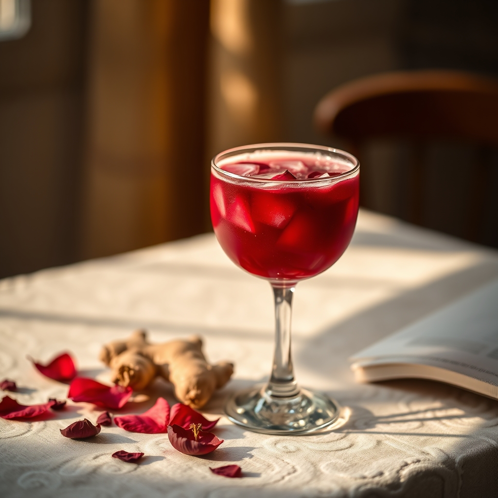 Glass of sorrel drink with hibiscus petals and ginger on a linen tablecloth
