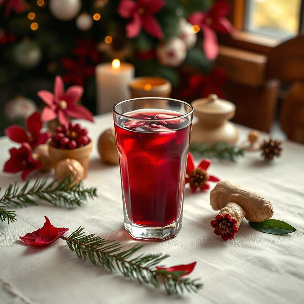 Glass of sorrel drink with hibiscus petals and ginger on a tablecloth