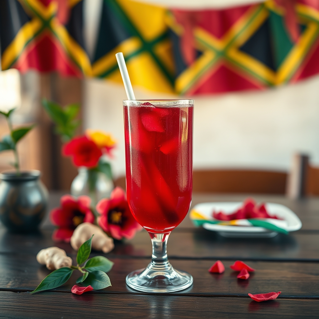 Glass of sorrel drink with hibiscus petals and ginger on a wooden table