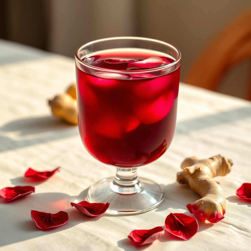 Glass of sorrel drink with hibiscus petals and ginger on a tablecloth