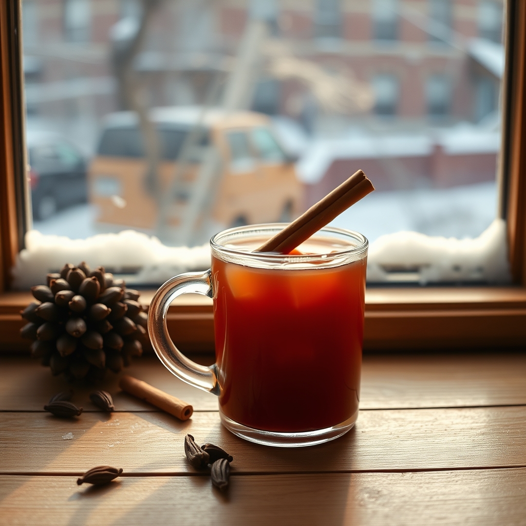 A mug of warm sorrel drink with cinnamon and cloves on a wooden table