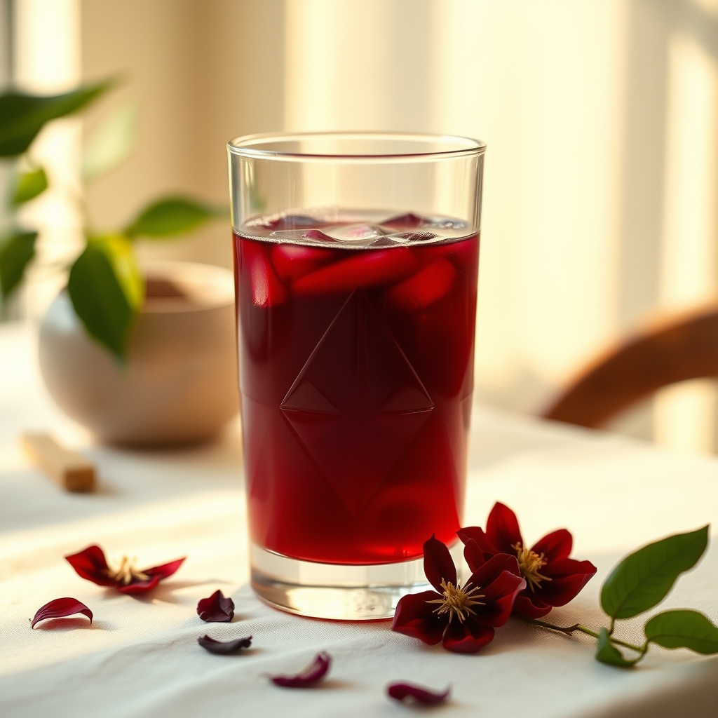 Glass of sorrel drink with hibiscus petals and ginger on a tablecloth