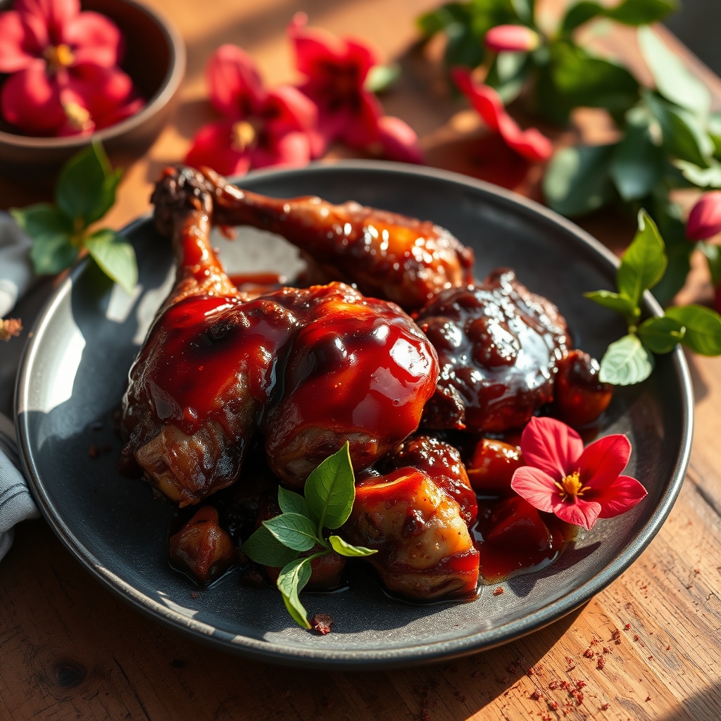 Plate of sorrel-glazed jerk chicken with hibiscus flowers and jerk seasoning