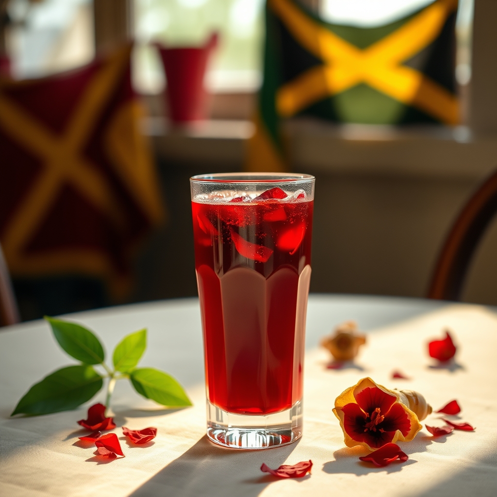 Glass of sorrel drink with hibiscus petals and ginger on a tablecloth