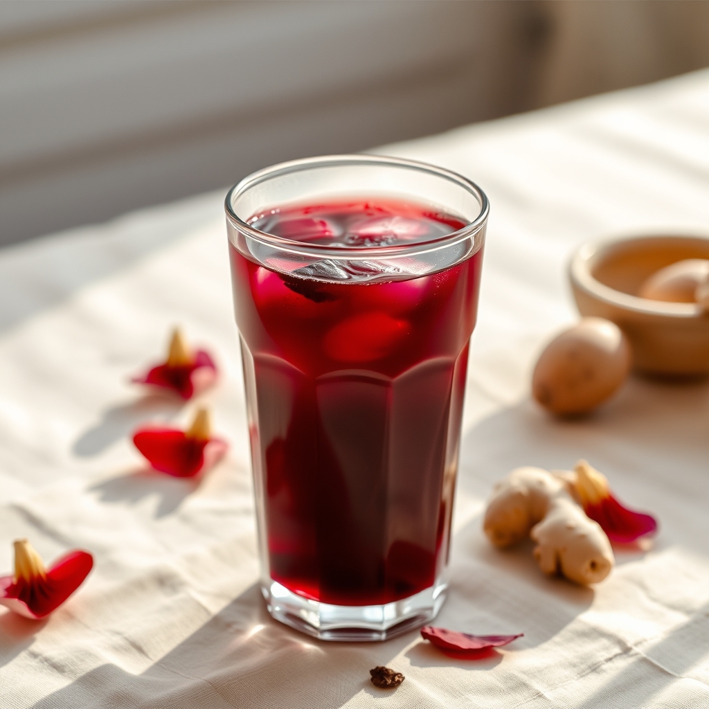 Glass of sorrel drink with hibiscus petals and ginger on a tablecloth