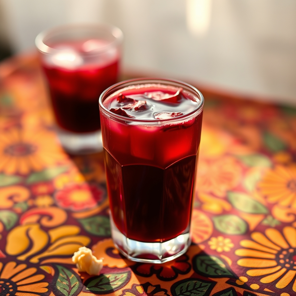 Glass of sorrel with hibiscus petals and patty crumbs on a colorful tablecloth