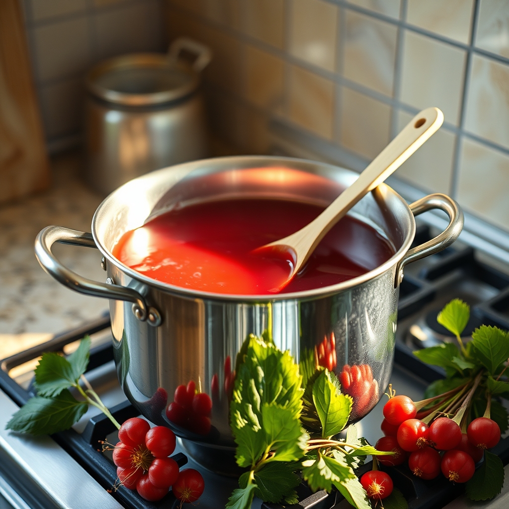 Simmering sorrel in a large pot on a stovetop with hibiscus and wooden spoon