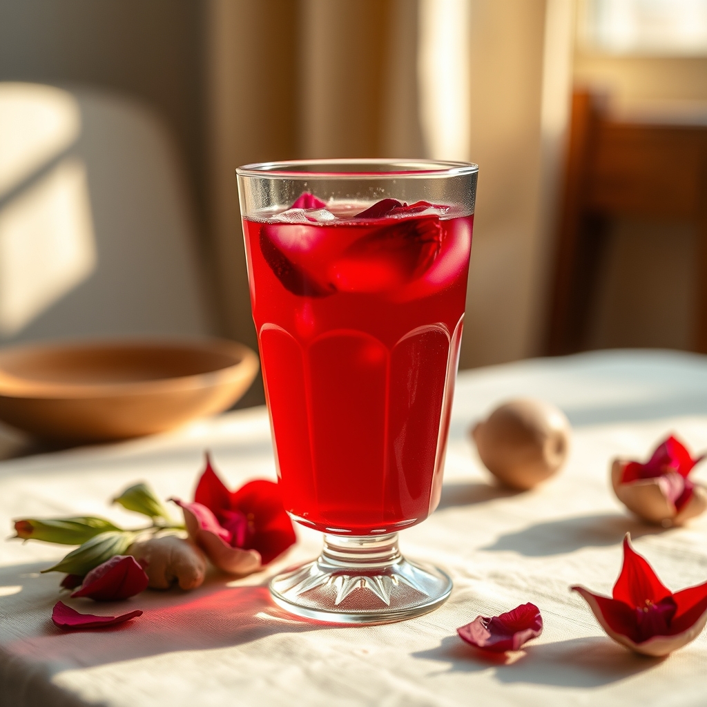 Glass of sorrel drink with hibiscus petals and ginger on a tablecloth
