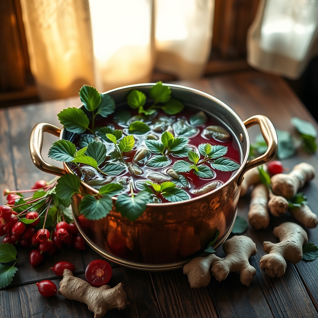 Simmering sorrel in a copper pot with hibiscus and ginger