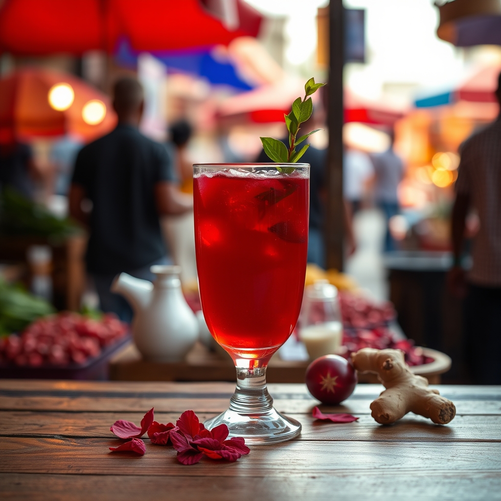 Glass of sorrel drink with hibiscus petals and ginger on a wooden table