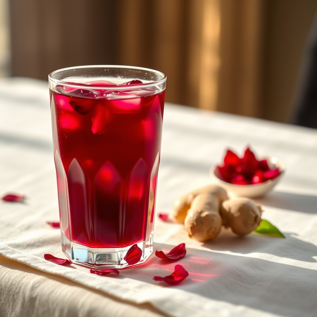 Glass of sorrel drink with hibiscus petals and ginger on a linen tablecloth