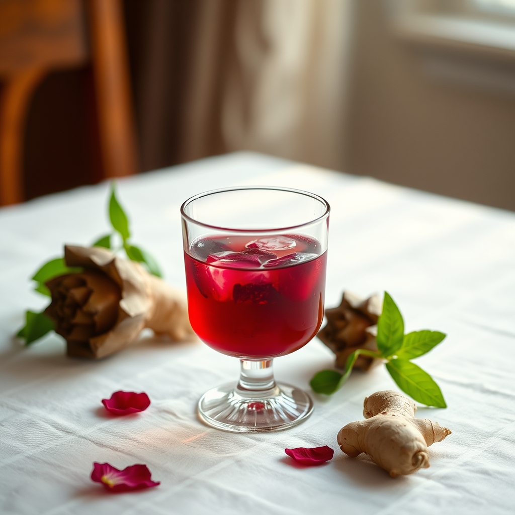 Glass of sorrel drink with hibiscus petals and ginger on a tablecloth