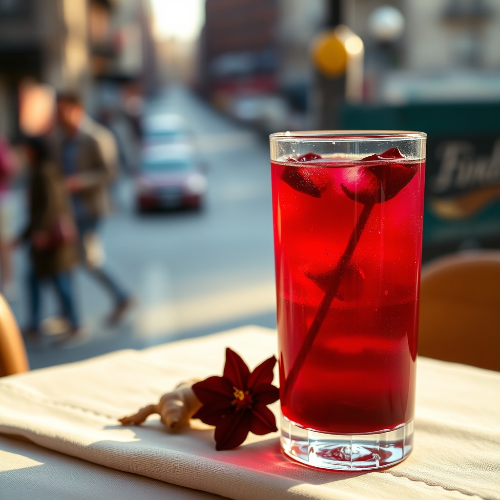 Glass of sorrel drink on a table with hibiscus petals and ginger