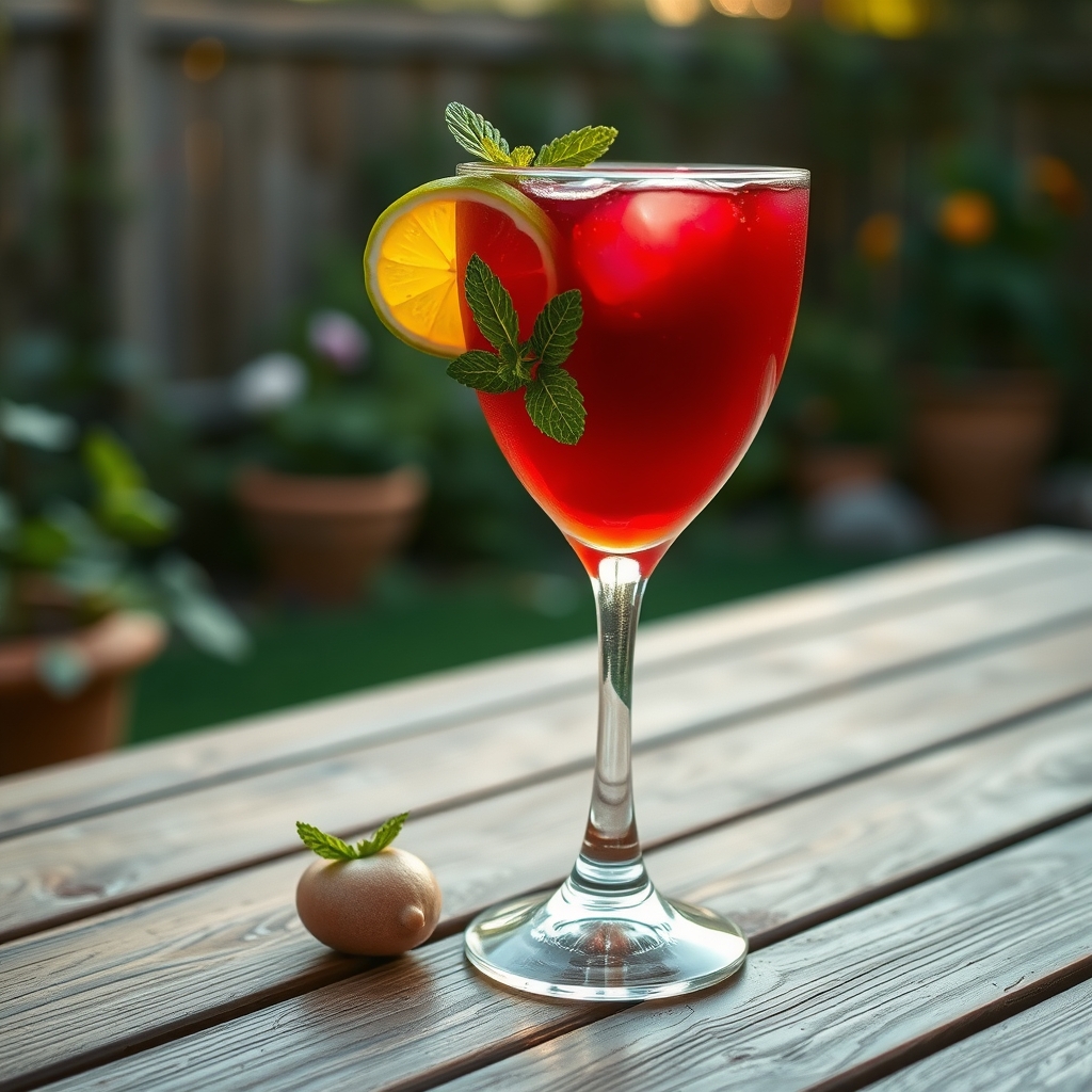 Glass of sorrel rum punch with mint and lime on a wooden table