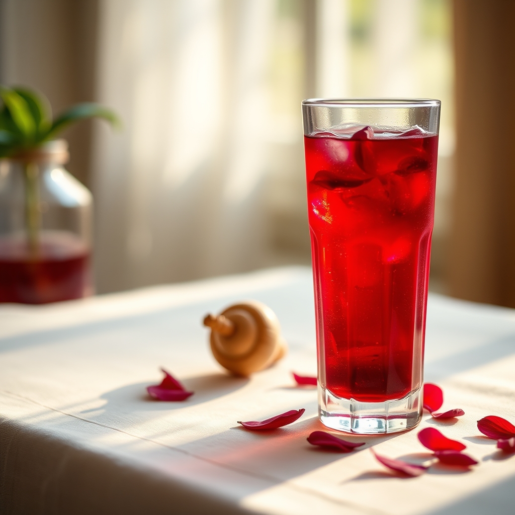 Glass of sorrel drink with hibiscus petals and ginger on a linen tablecloth