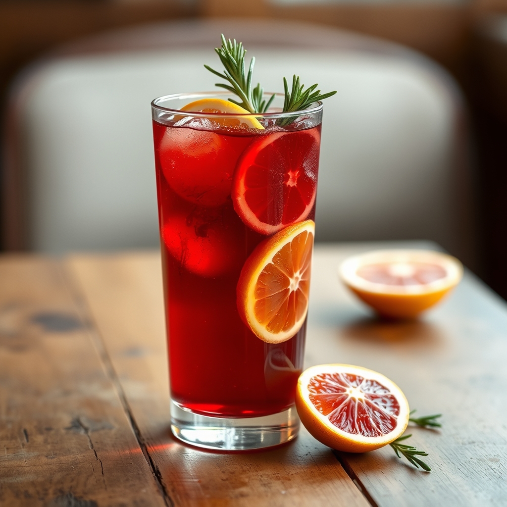 Glass of sorrel spritzer with citrus slices and rosemary garnish on a wooden table