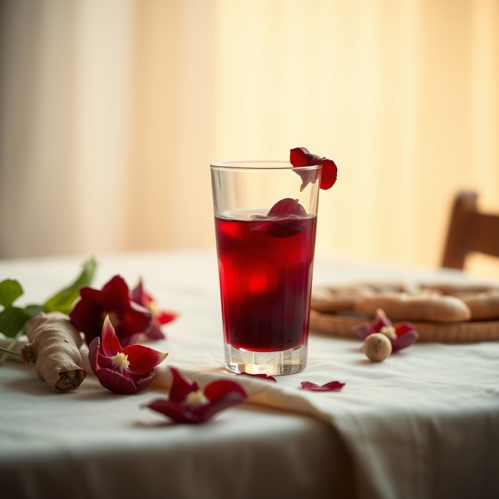 Glass of sorrel drink with hibiscus petals and ginger on a tablecloth