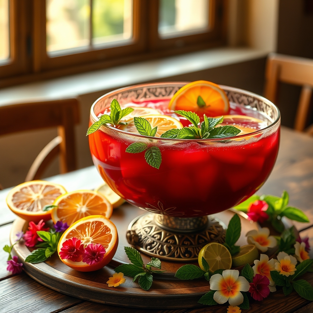Sorrel punch bowl with fruit and mint leaves on a wooden table