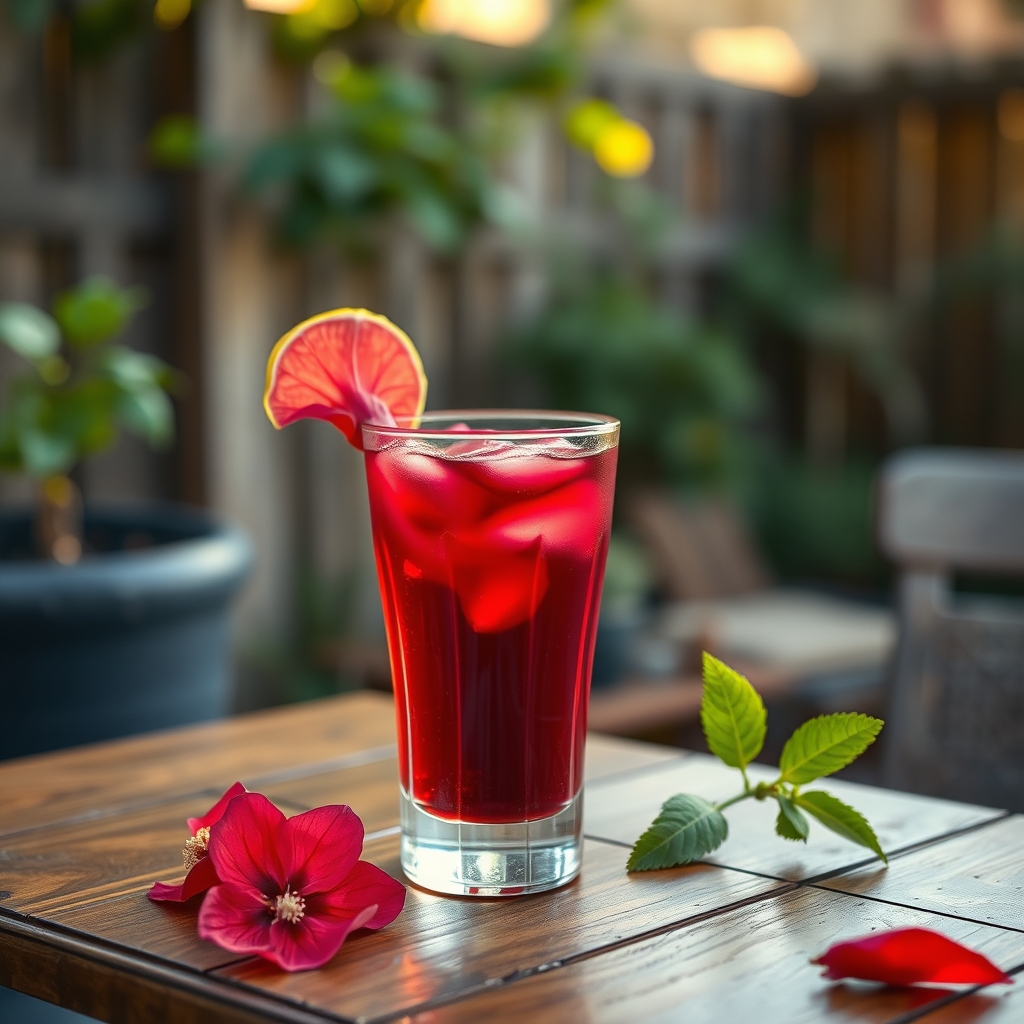 Glass of sorrel drink with hibiscus petals and ginger on a wooden table