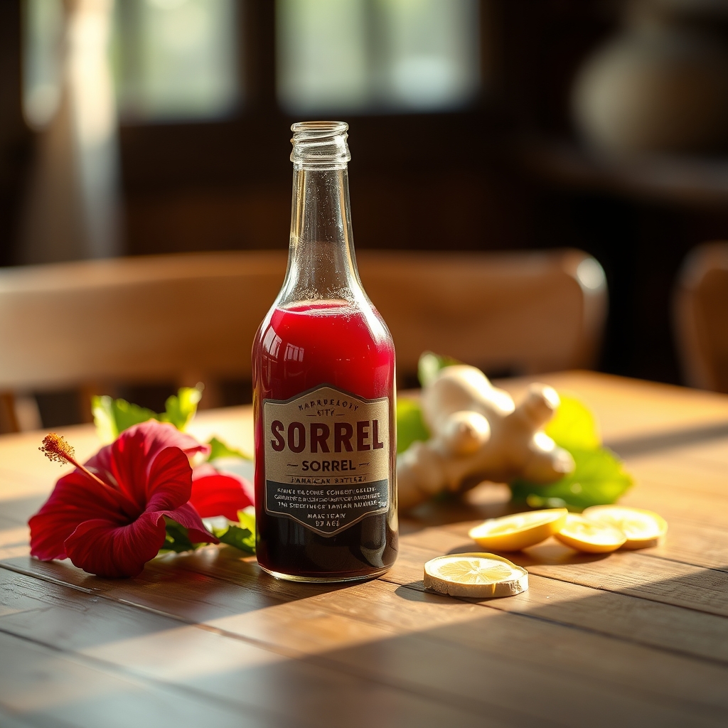 Bottle of sorrel on a wooden table with hibiscus flowers and ginger