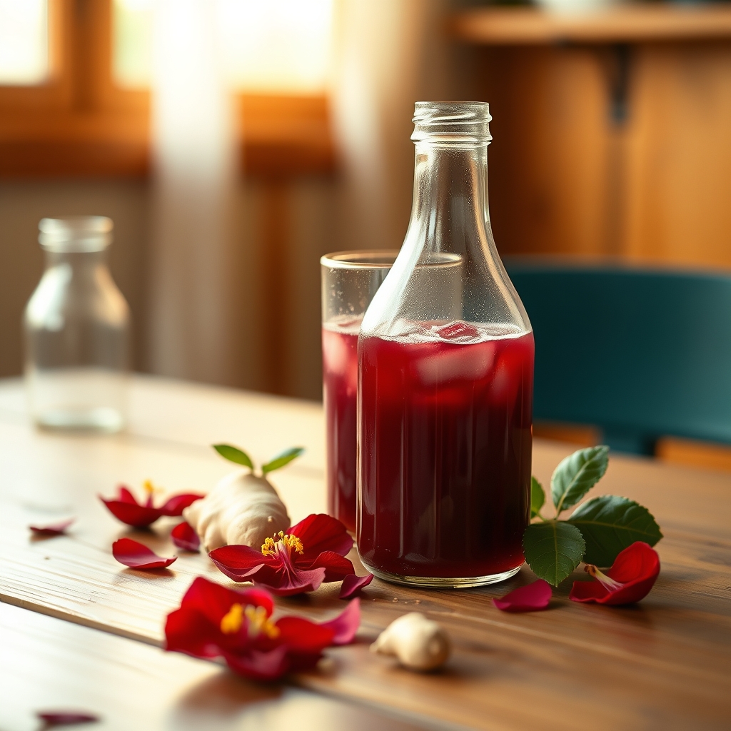 Glass of sorrel drink with hibiscus petals and ginger on a wooden table