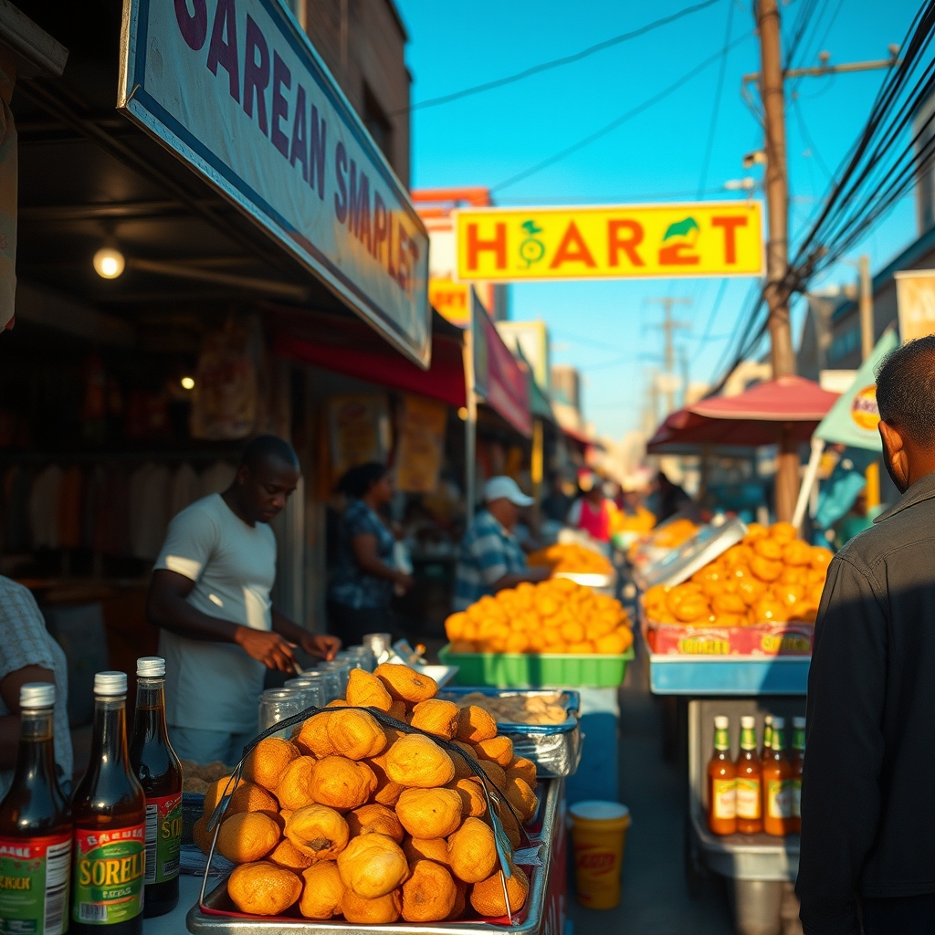 Caribbean market scene in the Bronx with food vendors and sorrel bottles