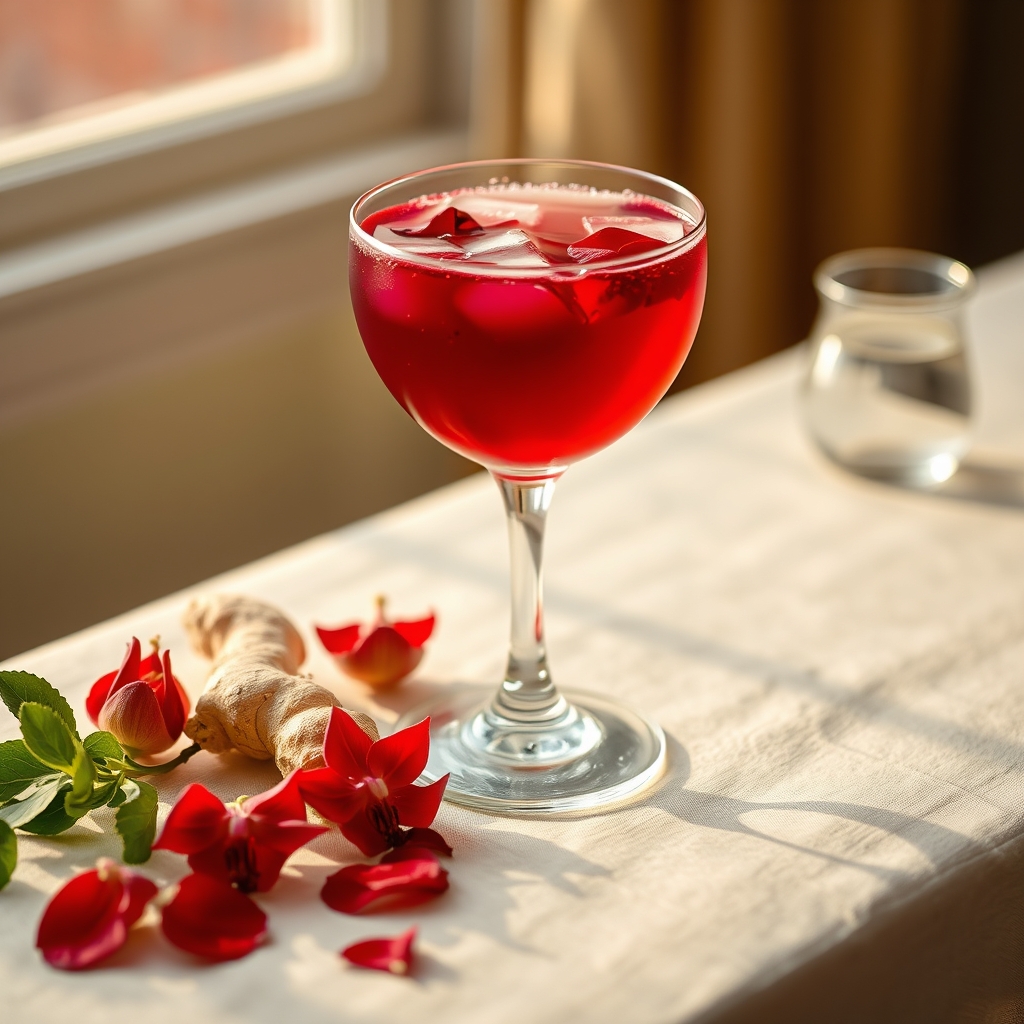 Glass of sorrel drink with hibiscus petals and ginger on a tablecloth