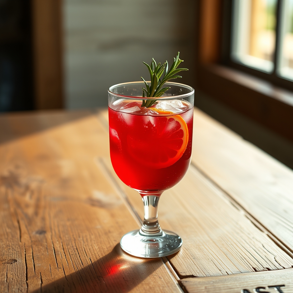 Glass of sorrel spritzer with rosemary and orange slice on a wooden table