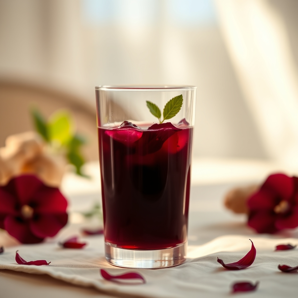 Glass of sorrel drink with hibiscus petals and ginger on a linen tablecloth