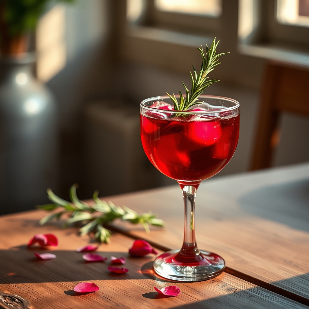 Glass of sorrel drink with hibiscus petals and rosemary on a wooden table