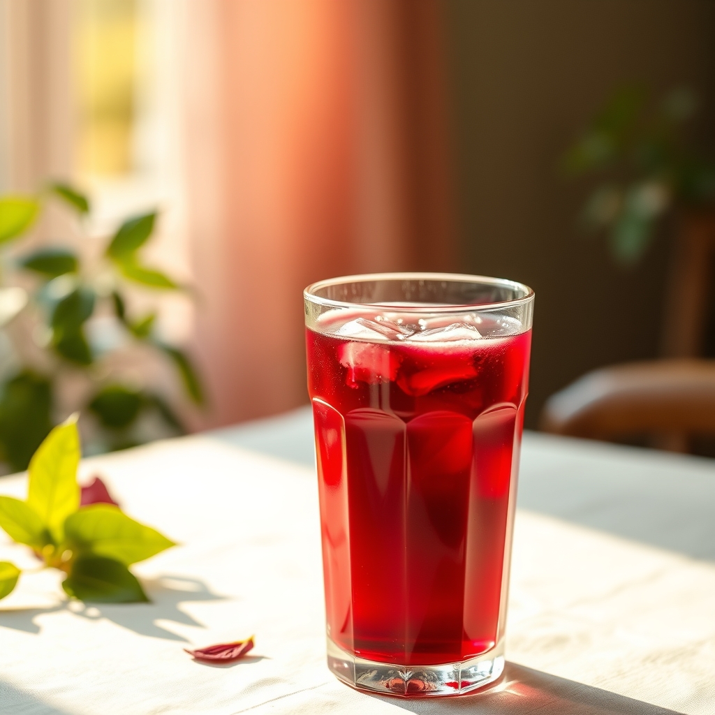 Glass of sorrel drink with hibiscus petals and ginger on a linen tablecloth