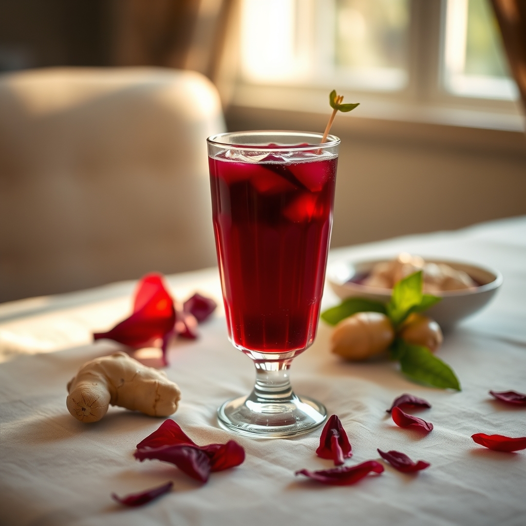 Glass of sorrel drink with hibiscus petals and ginger on a tablecloth