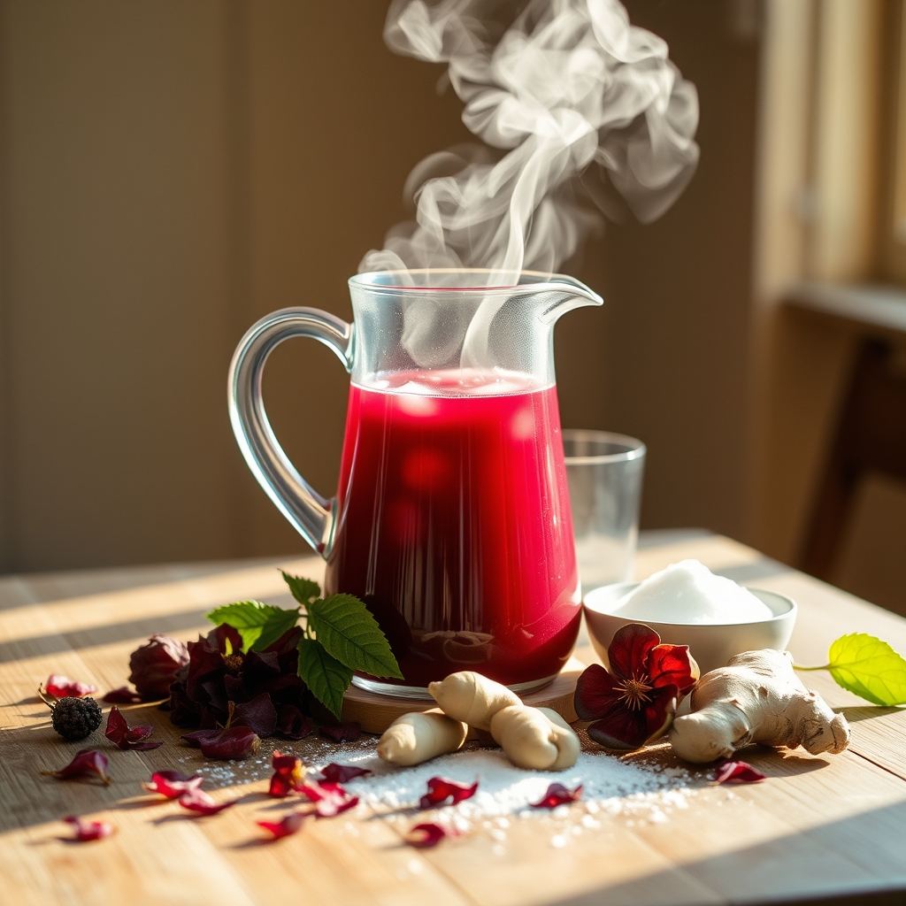 Pitcher of sorrel on a wooden table with hibiscus calyxes and ginger