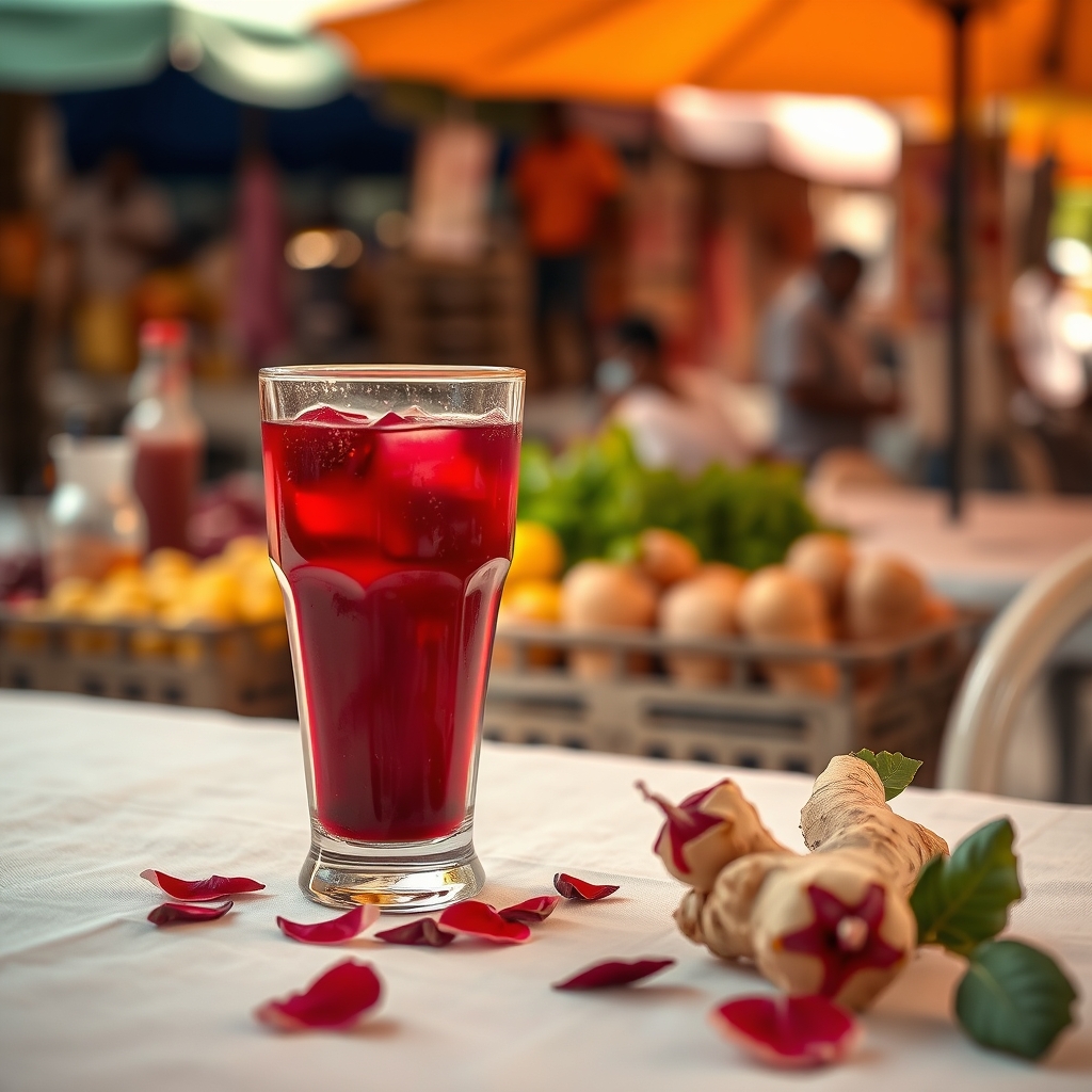 Glass of sorrel drink with hibiscus petals and ginger on a tablecloth