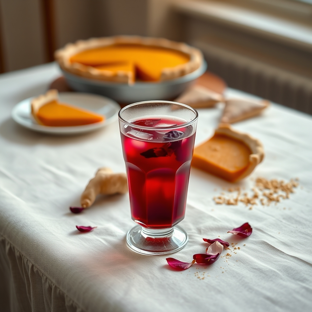 Glass of sorrel drink on a table with hibiscus petals and ginger