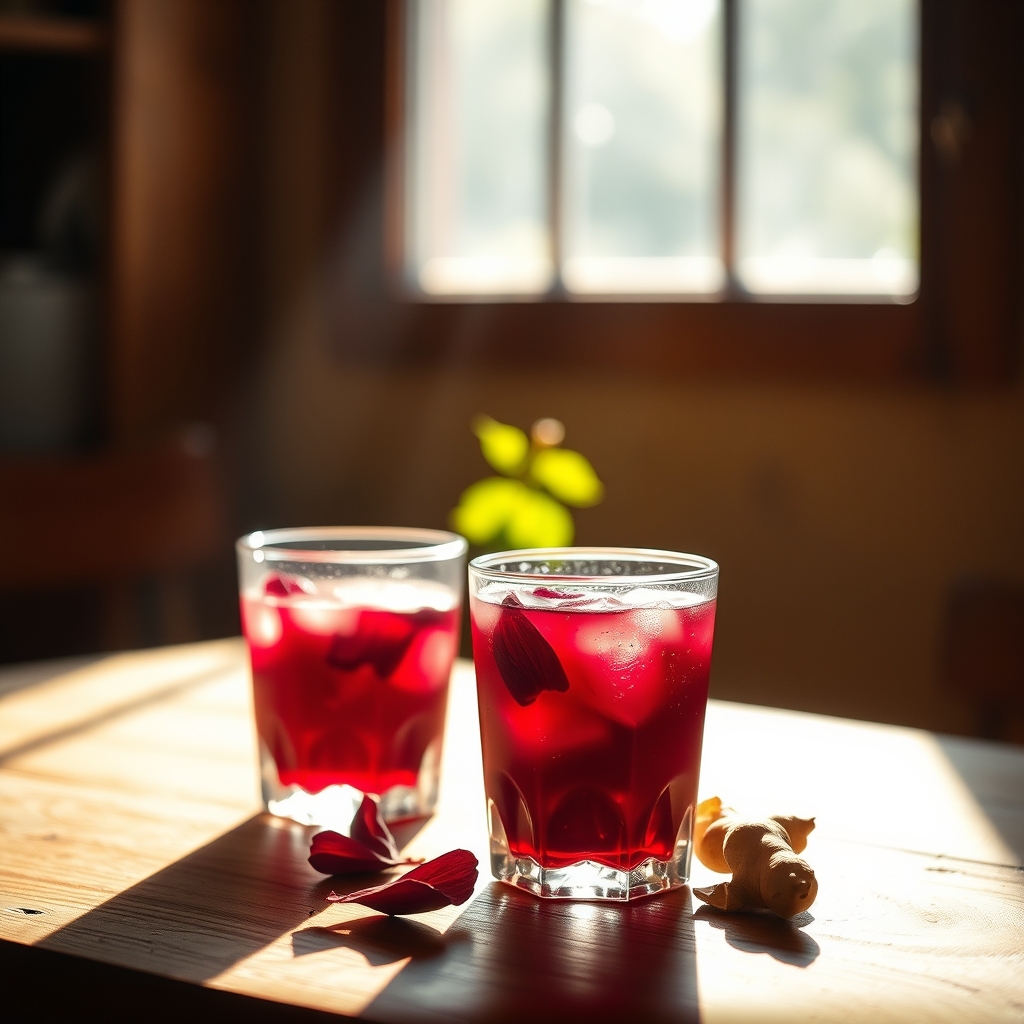 Glass of sorrel drink with hibiscus petals and ginger on a wooden table