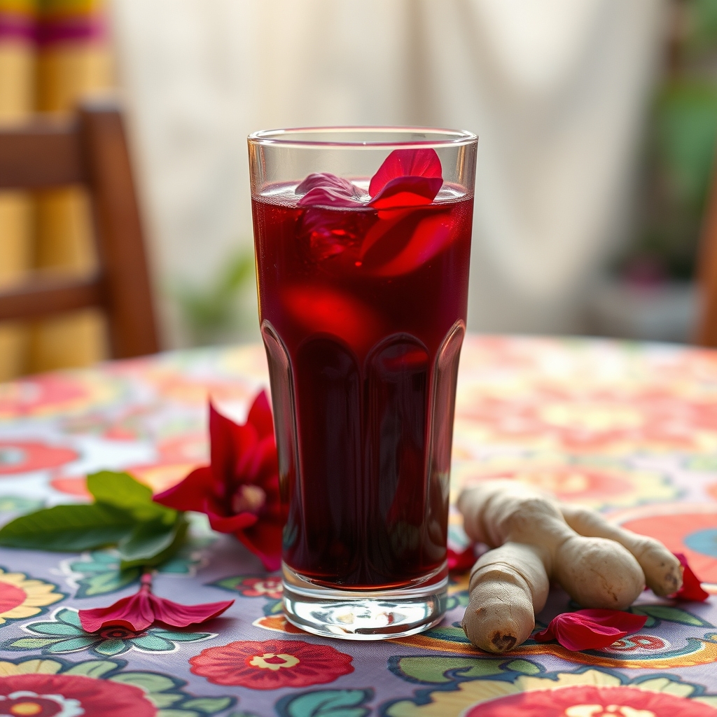Glass of sorrel drink with hibiscus petals and ginger on a festival tablecloth