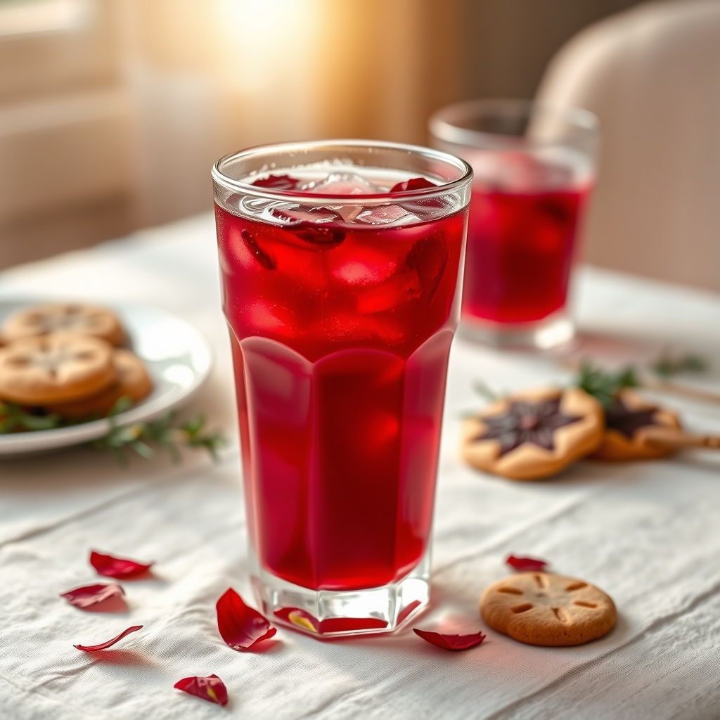 Glass of sorrel drink with hibiscus petals and ginger on a tablecloth
