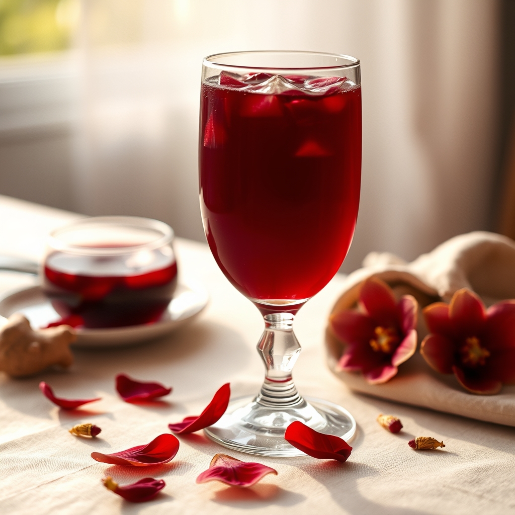 Glass of sorrel drink with hibiscus petals and ginger on a tablecloth