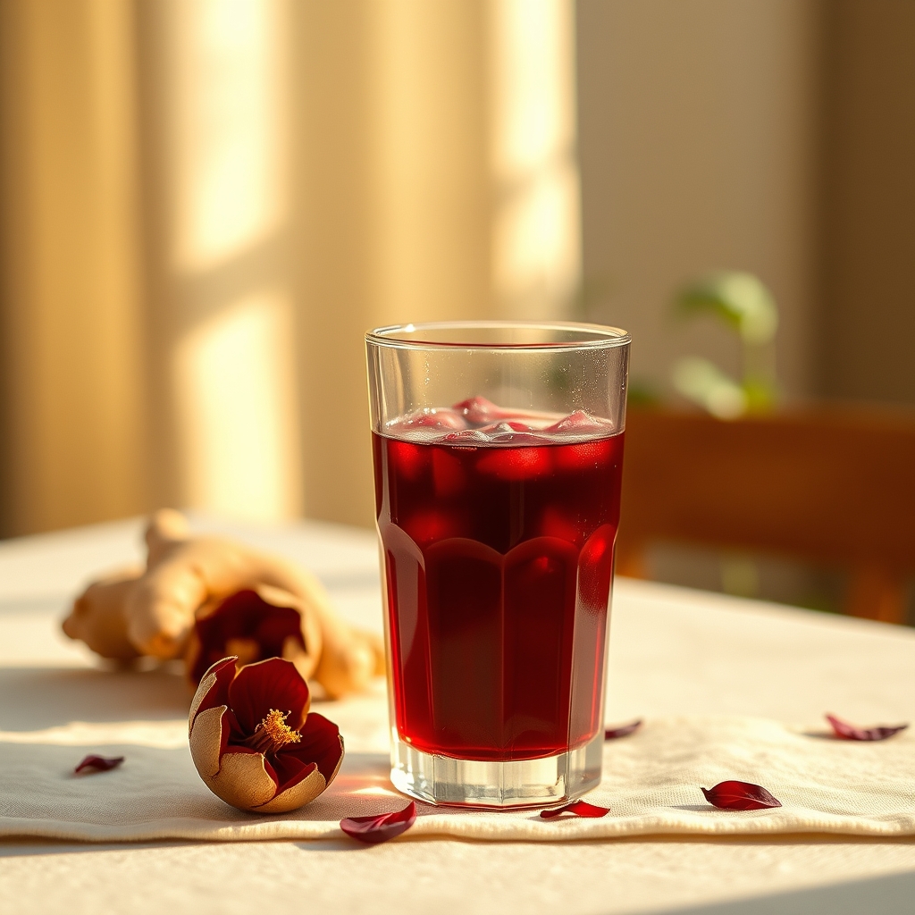 Glass of sorrel drink with hibiscus petals and ginger on a tablecloth
