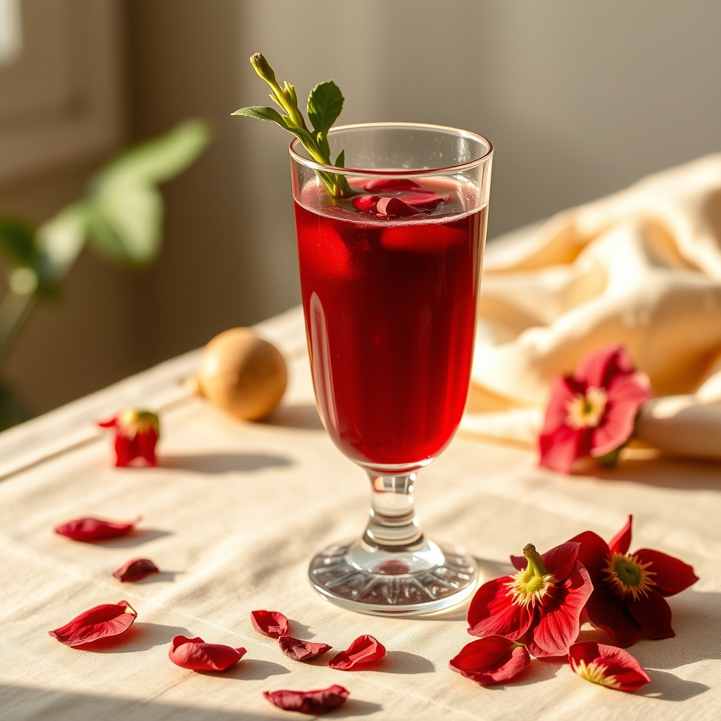 Glass of sorrel drink with hibiscus petals and ginger on a tablecloth